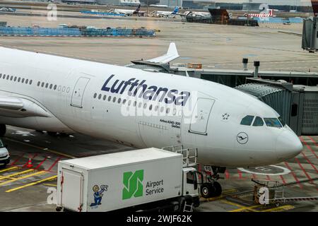 D-AIFD Lufthansa Airbus A340-313, Gießen, Am Flughafen Frankfurt main Rhein-main-Flughafen. FRA/EDDF - Betreiber Fraport. Frankfurt am main, Hessen, DEU, Deutschland, 14.02.2024 *** d AIFD Lufthansa Airbus A340 313, Giessen, à l'aéroport de Francfort Aéroport Rhin main FRA EDDF opérateur Fraport Frankfurt am main, Hesse, DEU, Allemagne, 14 02 2024 Banque D'Images