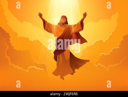 Embrassez le jour de l'ascension de jésus-christ avec cette puissante illustration vectorielle biblique, témoin de l'image emblématique de jésus-christ levant ses mains Illustration de Vecteur