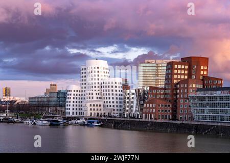 Gehry-Bauten - Neuer Zollhof am Medienhafen in Düsseldorf, Nordrhein-Westfalen, Deutschland | les bâtiments Gehry de New Zollhof dans le port des médias Banque D'Images