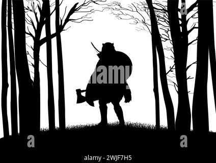 Silhouette de berserker viking portant la peau d'ours tenant une hache dans les bois, illustration vectorielle Illustration de Vecteur