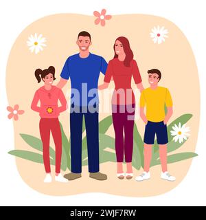 Clip art de la famille heureuse avec deux enfants, illustration vectorielle plate simple Illustration de Vecteur