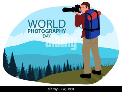 Clip art de photographe avec objectif télescopique prend une photographie d'un beau paysage de montagne, illustration vectorielle Journée mondiale de la photographie Illustration de Vecteur