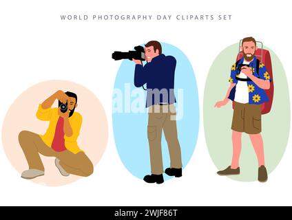 Les gens utilisent différents types d'appareils photo dans différentes occasions, clipart set pour la Journée mondiale de la photographie, professions illustration vectorielle Illustration de Vecteur