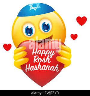 Mignon émoticône juif tenant le symbole du cœur avec le texte Happy Rosh Hashanah isolé sur blanc Illustration de Vecteur
