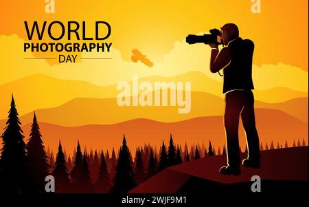 Silhouette de photographe avec objectif télescopique prend une photographie d'un beau paysage de montagne, illustration vectorielle de la Journée mondiale de la photographie Illustration de Vecteur