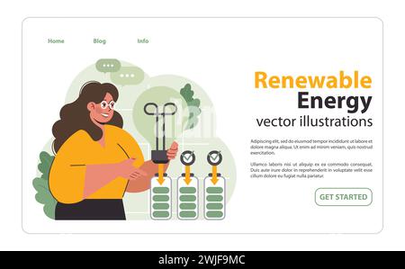 Femme démontre avec enthousiasme des solutions d'énergie renouvelable. Les batteries de charge présentent un stockage d'énergie écologique. Initiative pour un avenir durable. Illustration vectorielle plate. Illustration de Vecteur