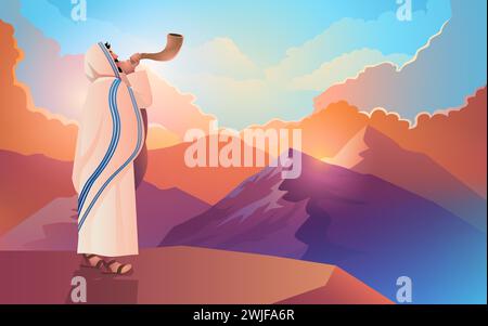 Illustration vectorielle d'un homme juif soufflant la corne du bélier Shofar sur un beau fond de montagne et de nuages, pour le jour de Rosh Hashanah et Yom Kippour, Illustration de Vecteur