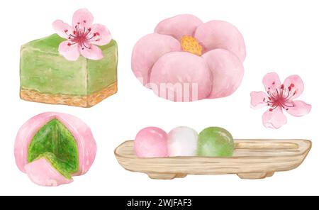 Ensemble de desserts de saison hanami. Plats de cuisine traditionnelle japonaise. Taiyaki, mochi, hanami dango et fleur de sakura. Aquarelle illustration dessinée à la main Banque D'Images