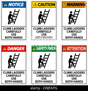 Signe de sécurité d'abord, grimper aux échelles avec précaution, utiliser les deux mains Illustration de Vecteur