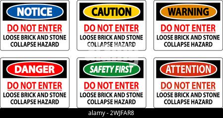 Panneau de danger, ne pas entrer, risque de brique lâche et d'effondrement de pierres Illustration de Vecteur