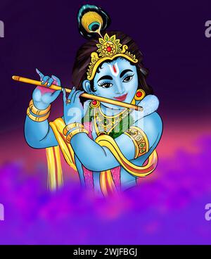 Lord Krishna Flute jouant de la peinture réaliste Banque D'Images