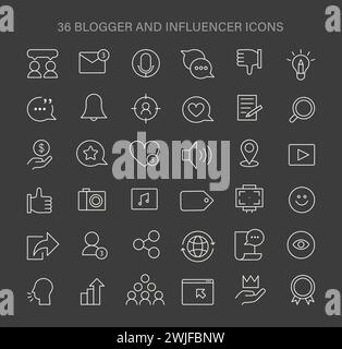 Ensemble d'icônes de blogueur et d'influenceur. Icônes polyvalentes pour la création de contenu, l'engagement du public et l'image de marque personnelle. Outils de marketing numérique et de présence sur les médias sociaux. Illustration vectorielle plate. Illustration de Vecteur
