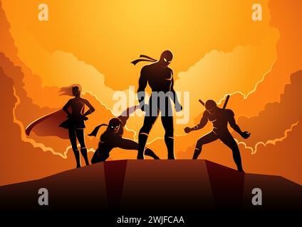 Silhouette de super-héros dans différentes poses sur une colline, illustration vectorielle Illustration de Vecteur