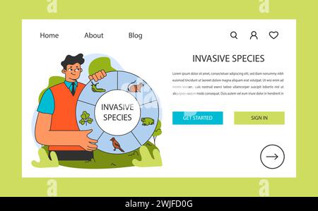 Chercheur avec une roue de diverses espèces envahissantes bannière Web ou page d'accueil. Organisme ayant un impact sur les habitats naturels. Perturbation de la biodiversité. Menace d'équilibre de l'écosystème. Illustration vectorielle plate Illustration de Vecteur