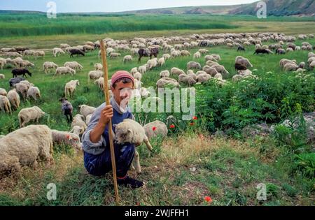 Roumanie, Slobozia, un berger avec un agneau dans le champ. Banque D'Images