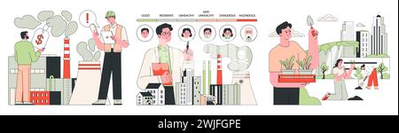 Kit de sensibilisation à la qualité de l'air. Indice de qualité de l'air et surveillance de la pollution. Purificateurs d'air dispositifs et mécanismes dans les environnements urbains pour une vie plus saine. Illustration vectorielle plate Illustration de Vecteur