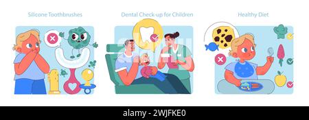 Prévention de la carie dentaire enfants ensemble. Faux pas et bons choix en soins dentaires illustrés. Brosses à dents en silicone, visites régulières chez le dentiste et nutrition équilibrée. Illustration de Vecteur