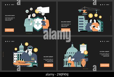 Subvention gouvernementale Web ou ensemble d'atterrissage. Divers secteurs, dont l'agriculture, la santé, l'énergie et l'armée, reçoivent un soutien financier. Stratégie budgétaire du gouvernement. Illustration vectorielle plate. Illustration de Vecteur