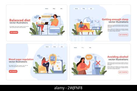 Ensemble de guides de vie sains. Illustrations vibrantes favorisant une alimentation équilibrée, un repos suffisant, une surveillance de la glycémie et une évitement de l'alcool. Parcours de bien-être visualisé. Illustration vectorielle. Illustration de Vecteur