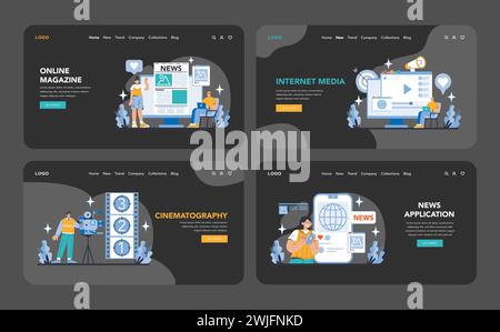 Média de masse nuit ou mode sombre Web ou ensemble de pages de destination. Magazines en ligne, médias Internet, Cinématographie et portails d'applications d'actualités. Journalisme numérique contemporain et divertissement. Illustration de Vecteur