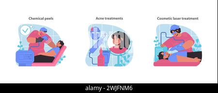 Kit de procédures de soin de la peau. Avec des peelings chimiques, des traitements ciblés contre l'acné et des techniques laser cosmétiques avancées. Illustration vectorielle plate. Illustration de Vecteur
