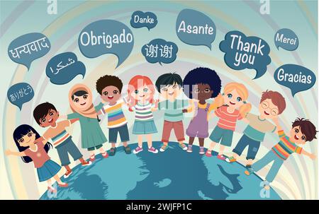 Enfants multiculturels embrassant et venant de différentes Nations et continents.bulles de discours avec texte Merci dans différentes langues internationales Illustration de Vecteur