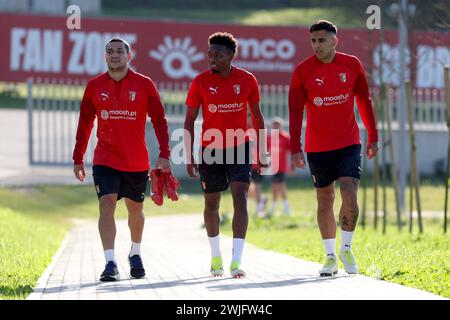 Braga, Portugal. 14 février 2024. Braga 02/14/2024 - Sporting Clube de Braga s'est entraîné cet après-midi sur les pelouses attenantes au stade Municipal. L'équipe se prépare pour le match de Ligue Europa, contre Qarabag, qui aura lieu demain. Rony Lopes ; Álvaro Djaló ; Zalazar (Global Imagens) crédit : Atlantico Press/Alamy Live News Banque D'Images