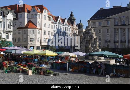 Les gens qui achètent des légumes sur une place de la ville marché européen traditionnel. Zelny TRH à Brno, Tchéquie Banque D'Images