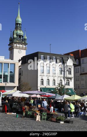 Les gens qui achètent des légumes sur une place de la ville marché européen traditionnel. Zelny TRH à Brno, Tchéquie Banque D'Images