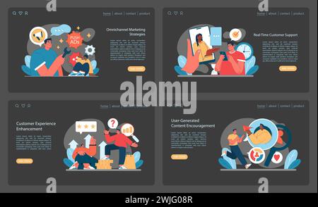 Marketing 5,0 Set. Décrit des stratégies innovantes en marketing omnicanal, une expérience client améliorée et un support proactif. Illustration vectorielle plate. Illustration de Vecteur
