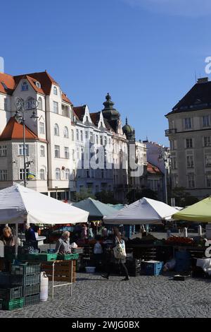 Les gens qui achètent des légumes sur une place de la ville marché européen traditionnel. Zelny TRH à Brno, Tchéquie Banque D'Images