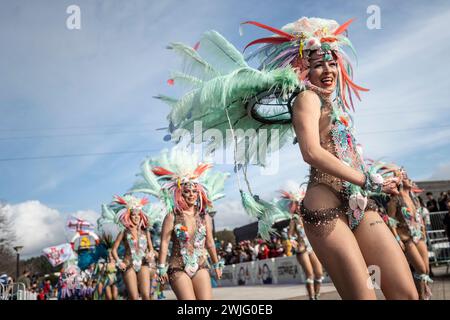 Estarreja, Portugal. 13 février 2024. Estarreja, 13-02-2024 - Carnaval d'Estarreja. Grande Corso (quatre écoles de samba, huit groupes de festivités, un groupe de défilés, 15 chars, 1 200 extras) crédit : Atlantico Press/Alamy Live News Banque D'Images