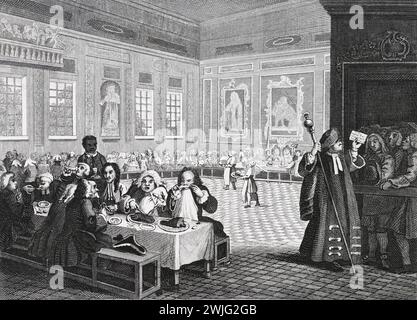 Illustration en noir et blanc : 'L'industrieux 'Prentice Grown Rich, and Sheriff of London'. Gravure d'après William Hogarth (1697 - 1764) de sa série, "industrie et farniente". Les premières séries d'œuvres peintes de Hogarth, 'The Harlot's Progress' et 'Marriage à-la-mode' qui ont ensuite été publiées en tant que gravures, 'Industry and Fidleness' a été gravée dès le début. L'objectif de Hogarth dans cette série était d'illustrer les récompenses possibles pour travailler dur, et les pièges de ne pas le faire, un message principalement destiné aux enfants qui travaillent. Cette reproduction a été réalisée par Thomas Cook. Banque D'Images