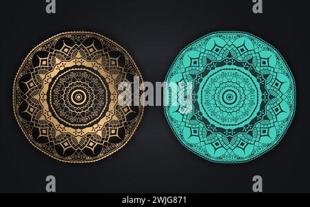 Couleur dorée de luxe ou design de fond de Mandala islamique coloré. Motif circulaire en forme de mandala pour henné, Mehndi, tatouage, décoration. Illustration de Vecteur