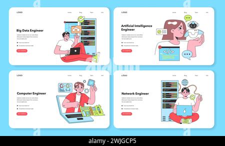 Un ensemble d'illustrations vectorielles dynamiques mettant en vedette des professionnels DE L'INFORMATIQUE : un ingénieur Big Data avec des outils d'analyse, un ingénieur IA avec un robot sympathique, un ingénieur informatique au travail et un réseau Illustration de Vecteur
