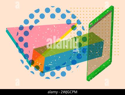 Risograph Smart Phone avec des formes géométriques. Les objets dans le graphique riso à la mode impriment la conception de style de texture avec des éléments géométriques. Illustration de Vecteur