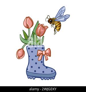 Botte de jardin avec un bouquet de tulipes dans une guêpe volante isolée sur un fond blanc. Illustration de Vecteur