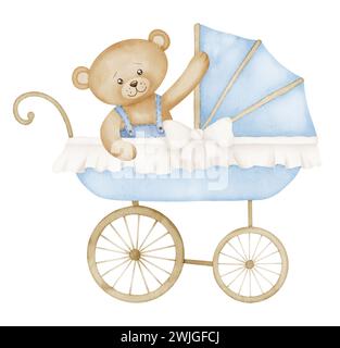 Aquarelle Baby Pram avec ours en peluche dans un style vintage. Poussette enfant rétro dans de jolies couleurs bleu pastel et beige. Chariot pour enfants. Illustration de perambulateur avec jouet pour la fête du nouveau-né. Banque D'Images