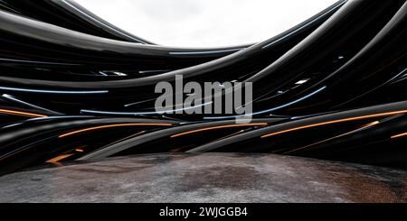 Vue abstraite de structures courbes sombres avec des accents dorés dans le cadre de l'architecture abstraite illustration de rendu 3D. Banque D'Images