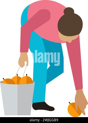 Femme jardinier collectant les fruits tombés de l'icône de vecteur d'arbre isolé sur fond blanc Illustration de Vecteur