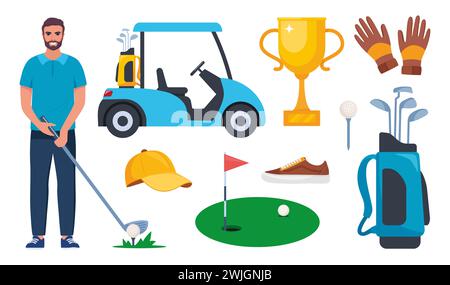 EQUIPEMENT de golf. Articles professionnels pour jouer le sport, vêtements et accessoires. Joueur de golf, sac, putter, golfeur, balle, trou, cours, gants, shir Illustration de Vecteur