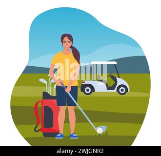 Femme jouant au golf. Golfeur avec club de golf sur herbe verte, sac avec équipement professionnel et chariot de conduite, concept de jeu de sport en plein air. Passe-temps d'été a Illustration de Vecteur