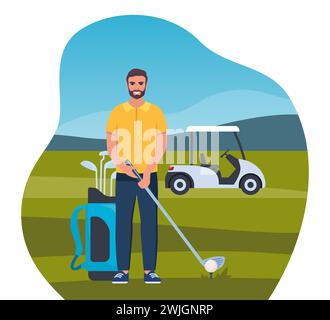 Homme jouant au golf. Golfeur avec club de golf sur herbe verte, sac avec équipement professionnel et chariot de conduite, concept de jeu de sport en plein air. Passe-temps d'été et Illustration de Vecteur