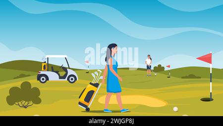Femme jouant au golf. Golfeur avec club de golf sur herbe verte, sac avec équipement professionnel et chariot de conduite, concept de jeu de sport en plein air. Passe-temps d'été a Illustration de Vecteur