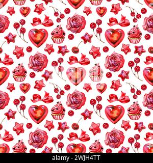 Motif sans couture pour la Saint-Valentin. Collection de coeurs aquarelle. Beau fond romantique pour tissu, papier peint, textile, emballage Banque D'Images