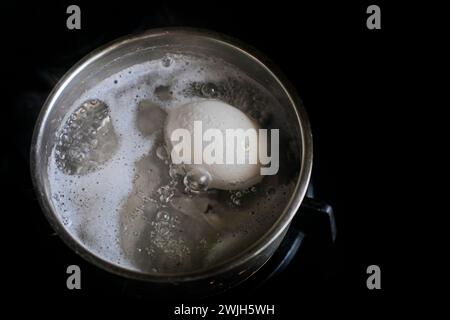 faites cuire un œuf blanc de poulet dans de l'eau bouillie dans une casserole à la maison Banque D'Images