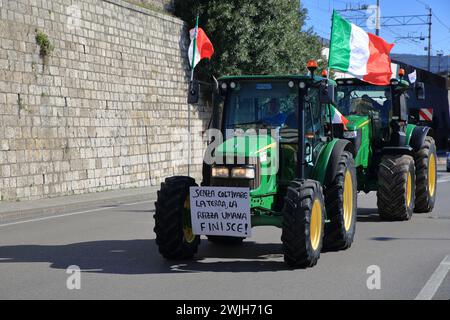 Les agriculteurs de la province de Salerne en procession avec leurs tracteurs arrivent dans la ville pour protester contre la politique agricole de l'Europe. Banque D'Images