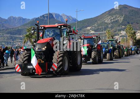 Les agriculteurs de la province de Salerne en procession avec leurs tracteurs arrivent dans la ville pour protester contre la politique agricole de l'Europe. Banque D'Images