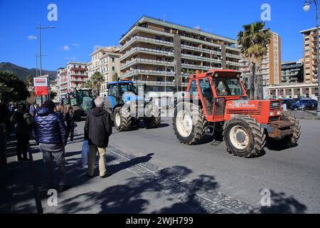 Les agriculteurs de la province de Salerne en procession avec leurs tracteurs arrivent dans la ville pour protester contre la politique agricole de l'Europe. Banque D'Images