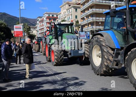 Les agriculteurs de la province de Salerne en procession avec leurs tracteurs arrivent dans la ville pour protester contre la politique agricole de l'Europe. Banque D'Images